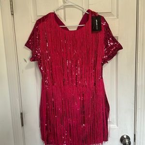 Pink sequin in fringe mini dress no stretch